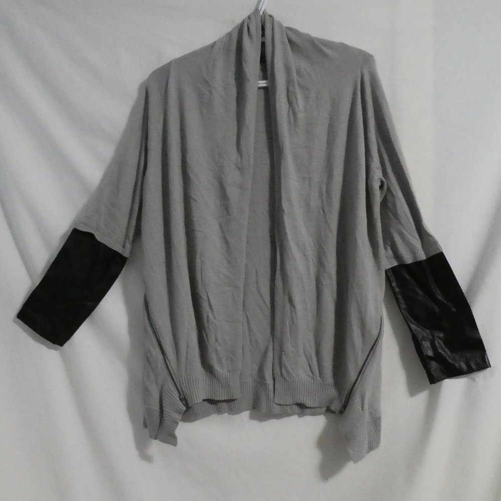 JESSICA, medium, 12 (10-12), open front cardigan, faux leather sleeve bottoms
